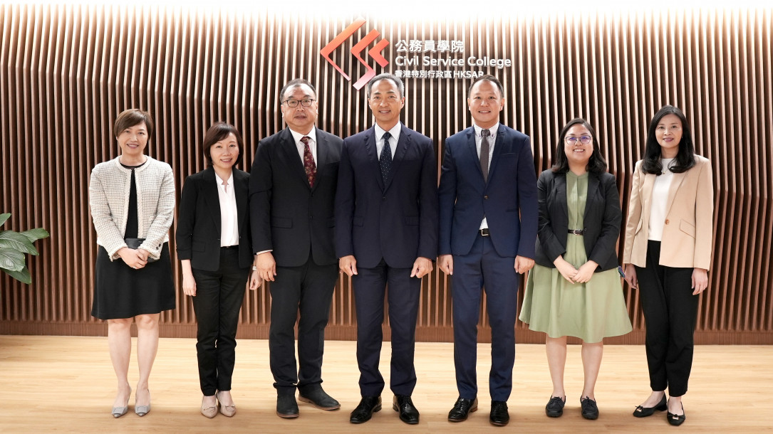 The Head of the Civil Service College, Mr Oscar Kwok (centre), meets with a delegation led by the Assistant CEO (International) of the Civil Service College of Singapore, Mr Roger Tan (third left), at the Civil Service College on 16 May 2024.